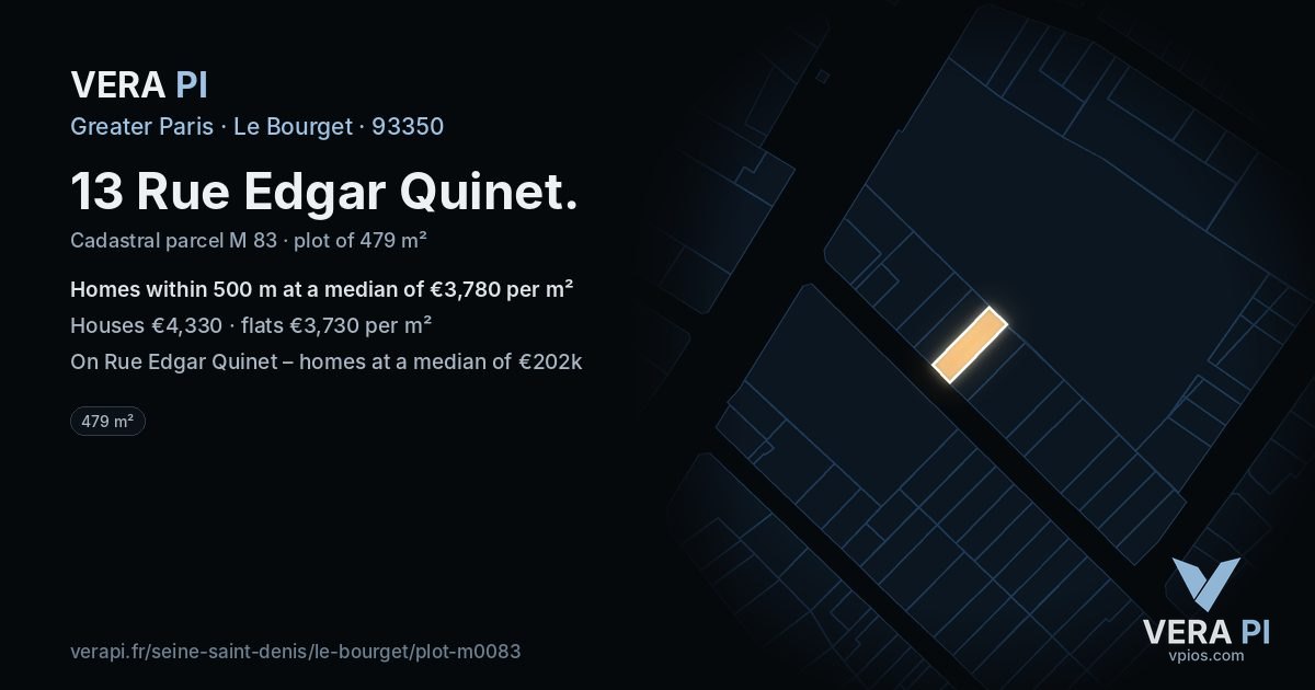 13 Rue Edgar Quinet, Le Bourget at night – the plot lit, the parcels around coloured by the prices near them