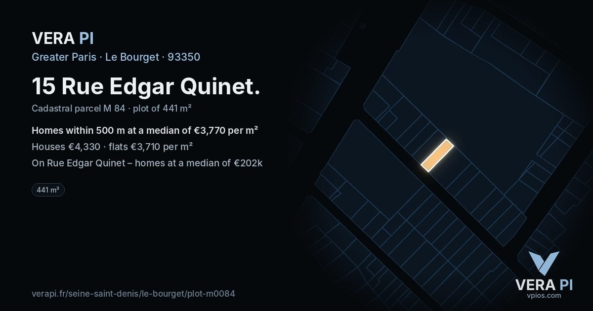 15 Rue Edgar Quinet, Le Bourget at night – the plot lit, the parcels around coloured by the prices near them