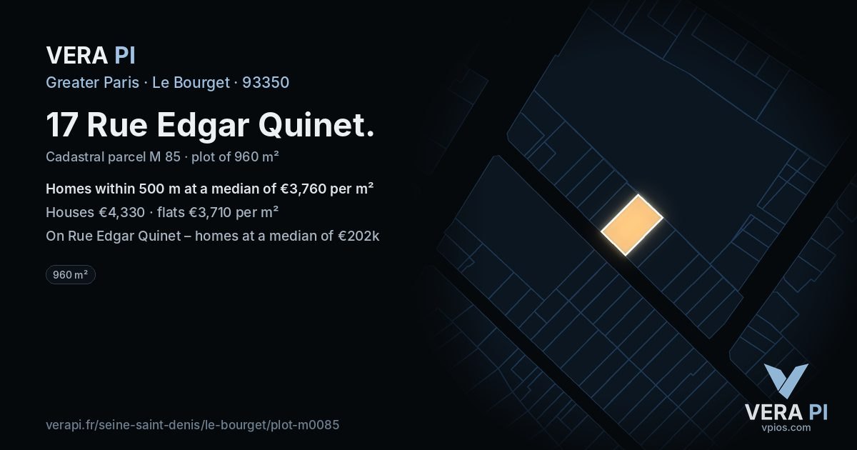 17 Rue Edgar Quinet, Le Bourget at night – the plot lit, the parcels around coloured by the prices near them
