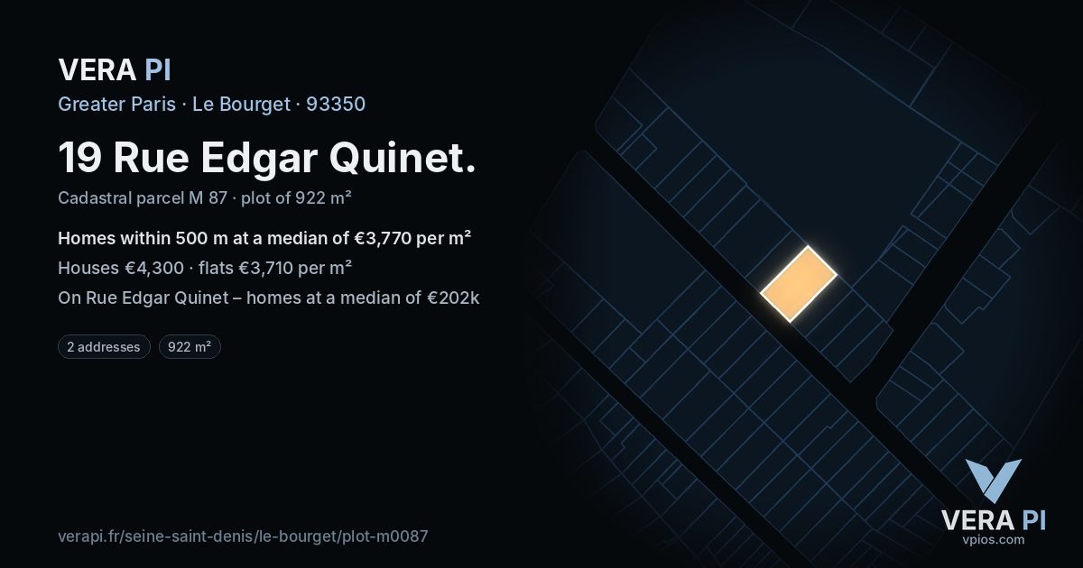 19 Rue Edgar Quinet, Le Bourget at night – the plot lit, the parcels around coloured by the prices near them