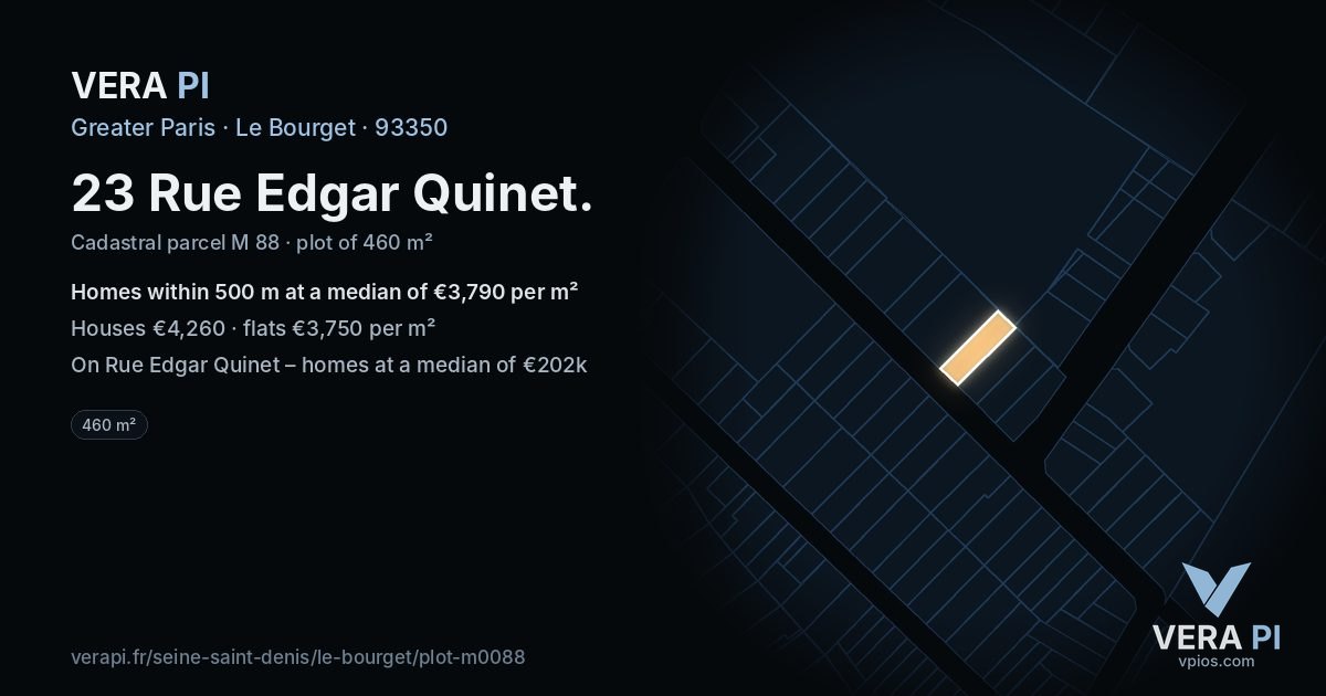 23 Rue Edgar Quinet, Le Bourget at night – the plot lit, the parcels around coloured by the prices near them