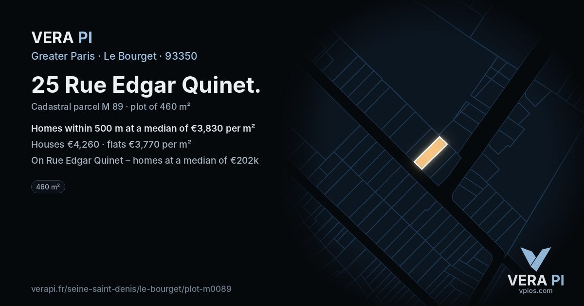 25 Rue Edgar Quinet, Le Bourget at night – the plot lit, the parcels around coloured by the prices near them
