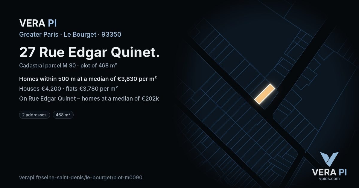 27 Rue Edgar Quinet, Le Bourget at night – the plot lit, the parcels around coloured by the prices near them