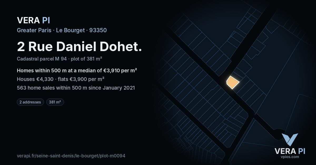 2 Rue Daniel Dohet, Le Bourget at night – the plot lit, the parcels around coloured by the prices near them