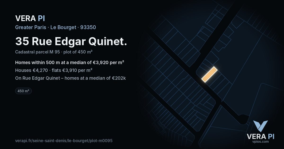 35 Rue Edgar Quinet, Le Bourget at night – the plot lit, the parcels around coloured by the prices near them