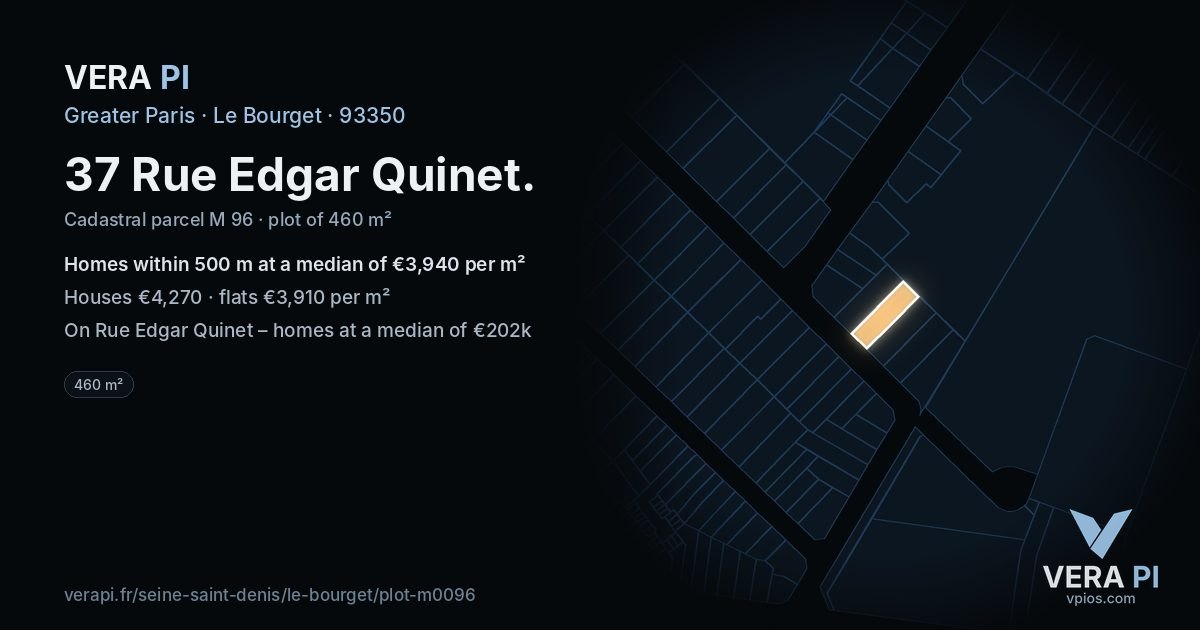 37 Rue Edgar Quinet, Le Bourget at night – the plot lit, the parcels around coloured by the prices near them