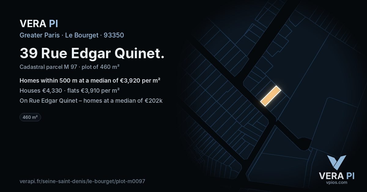 39 Rue Edgar Quinet, Le Bourget at night – the plot lit, the parcels around coloured by the prices near them