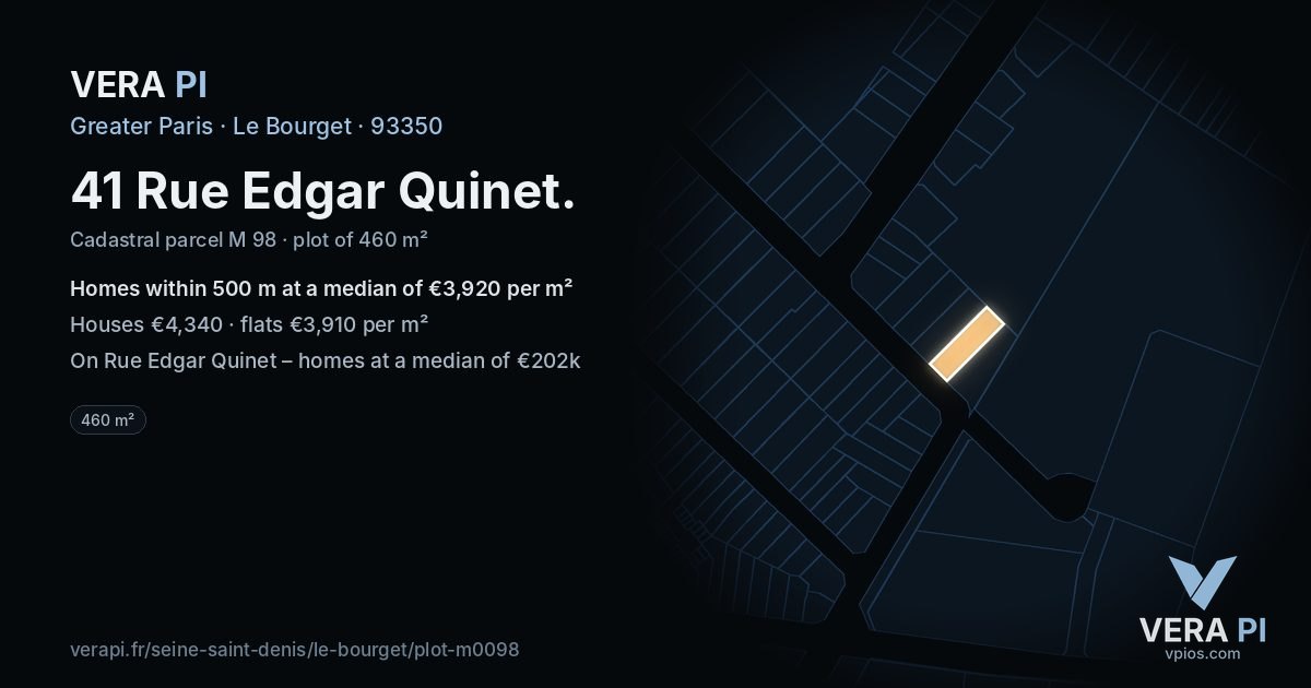 41 Rue Edgar Quinet, Le Bourget at night – the plot lit, the parcels around coloured by the prices near them