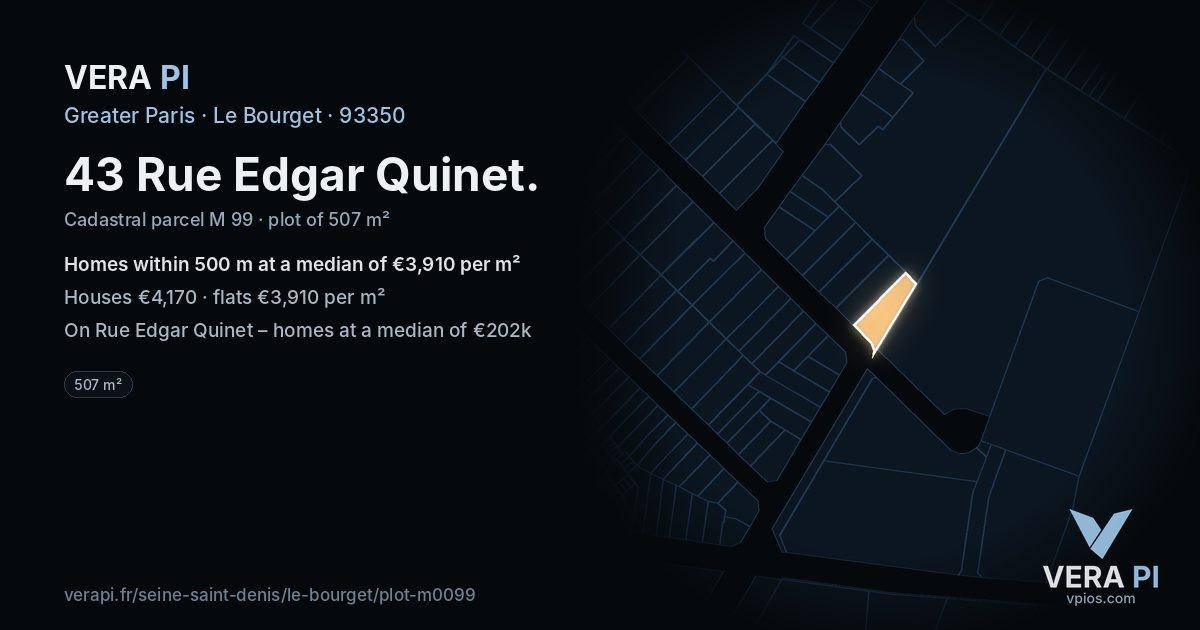 43 Rue Edgar Quinet, Le Bourget at night – the plot lit, the parcels around coloured by the prices near them
