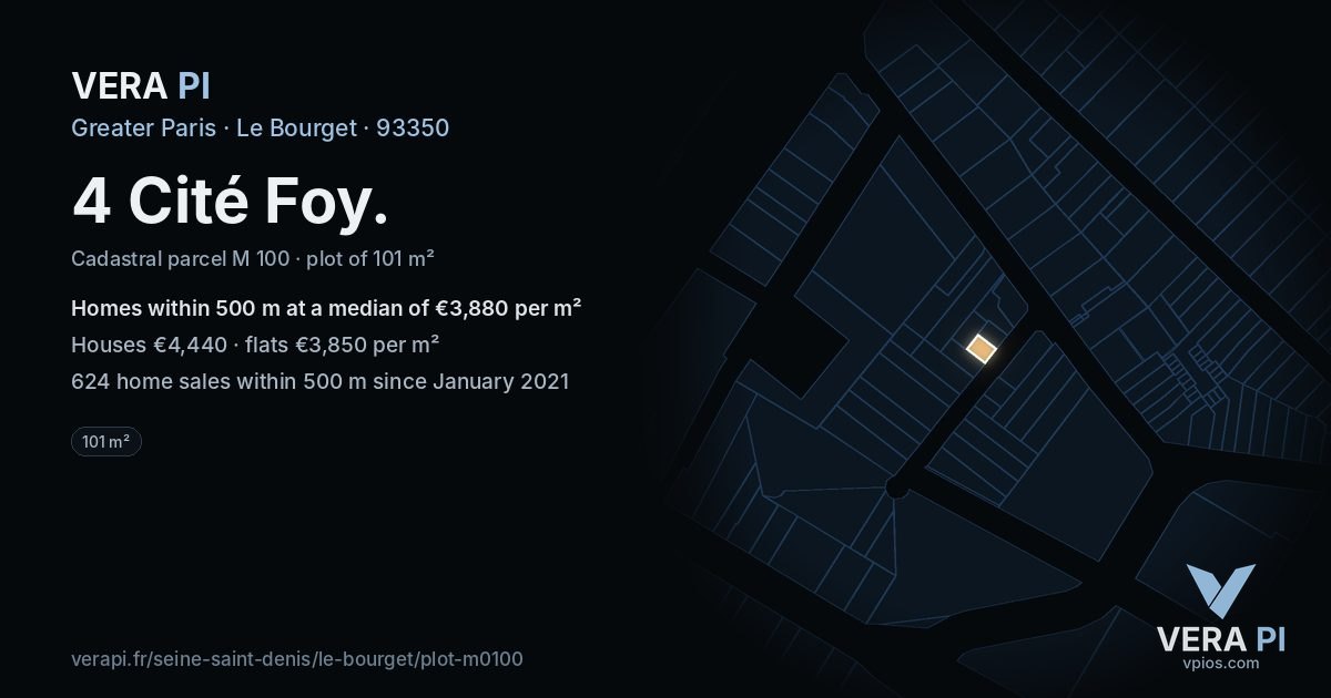 4 Cité Foy, Le Bourget at night – the plot lit, the parcels around coloured by the prices near them
