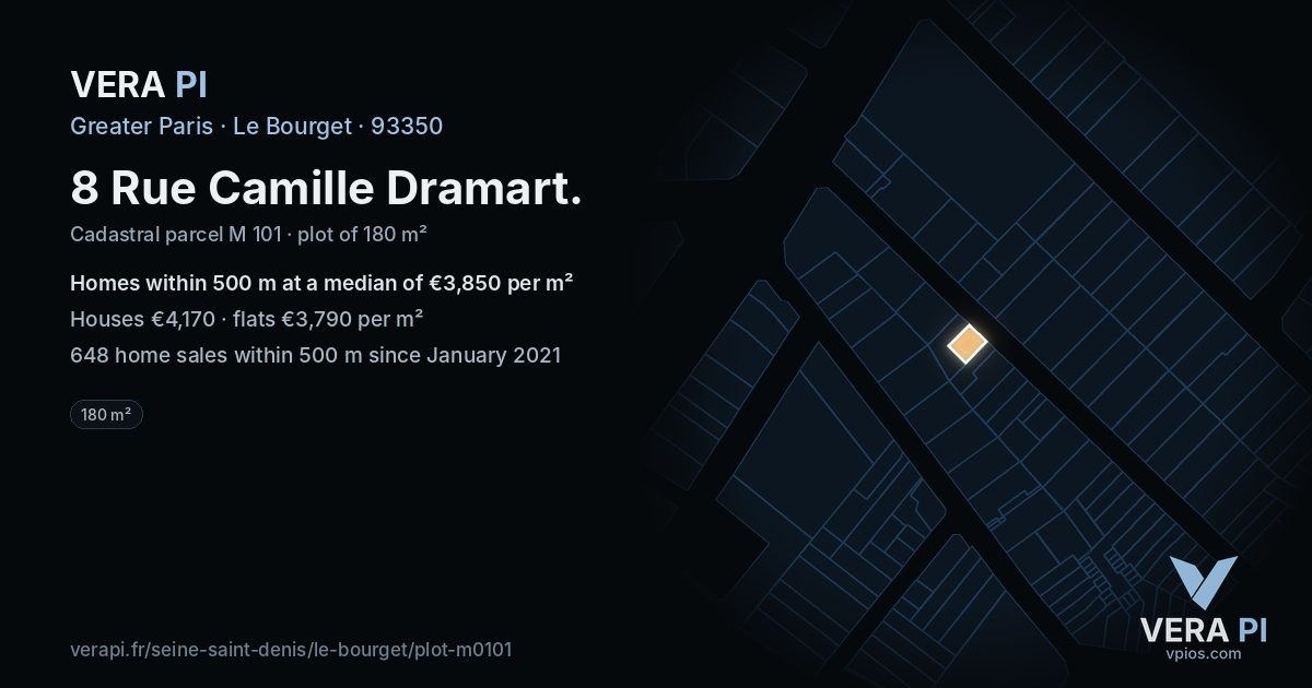 8 Rue Camille Dramart, Le Bourget at night – the plot lit, the parcels around coloured by the prices near them