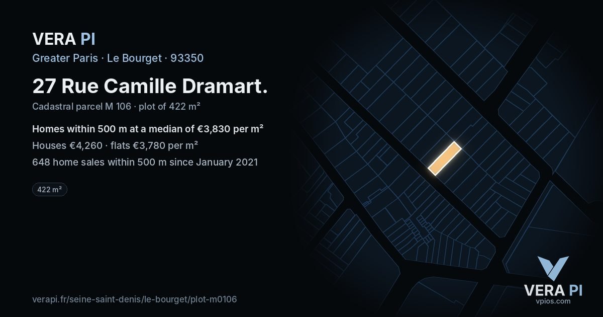 27 Rue Camille Dramart, Le Bourget at night – the plot lit, the parcels around coloured by the prices near them