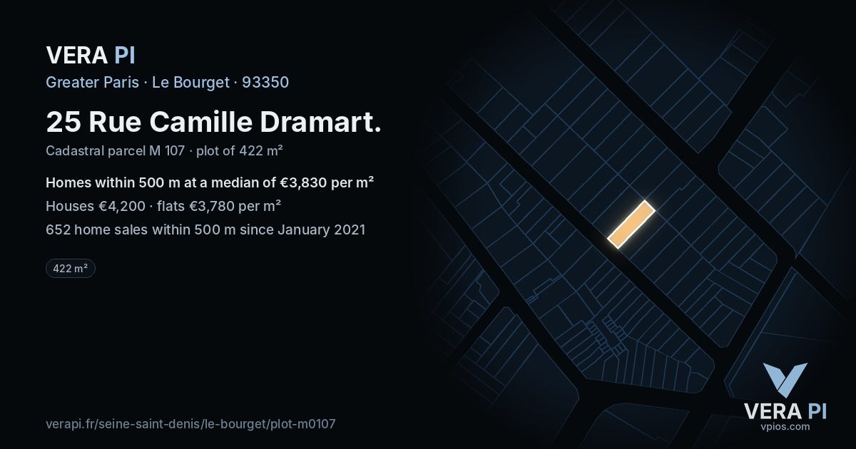 25 Rue Camille Dramart, Le Bourget at night – the plot lit, the parcels around coloured by the prices near them
