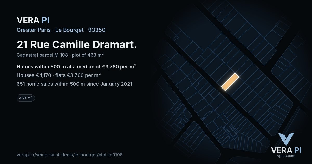 21 Rue Camille Dramart, Le Bourget at night – the plot lit, the parcels around coloured by the prices near them
