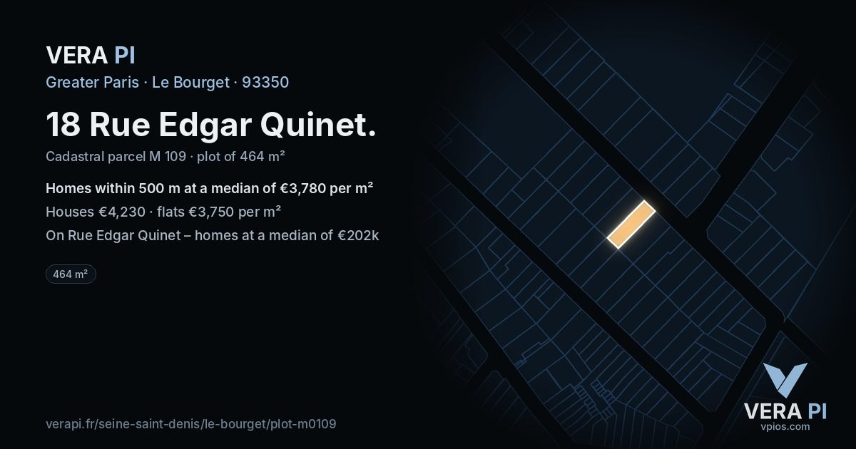 18 Rue Edgar Quinet, Le Bourget at night – the plot lit, the parcels around coloured by the prices near them