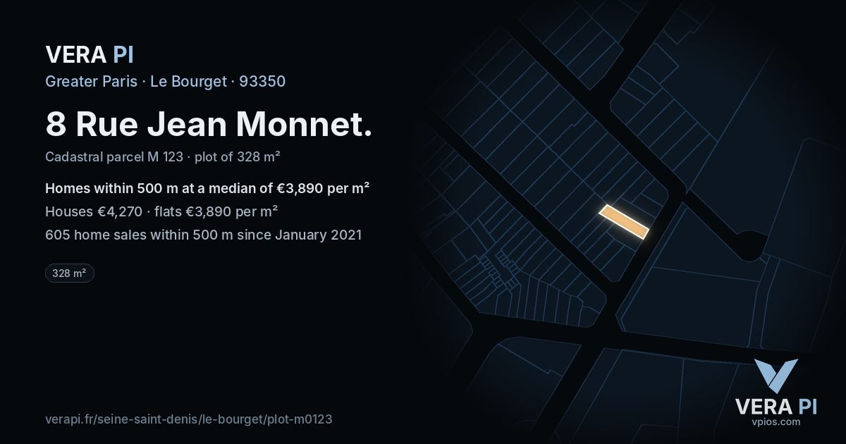 8 Rue Jean Monnet, Le Bourget at night – the plot lit, the parcels around coloured by the prices near them