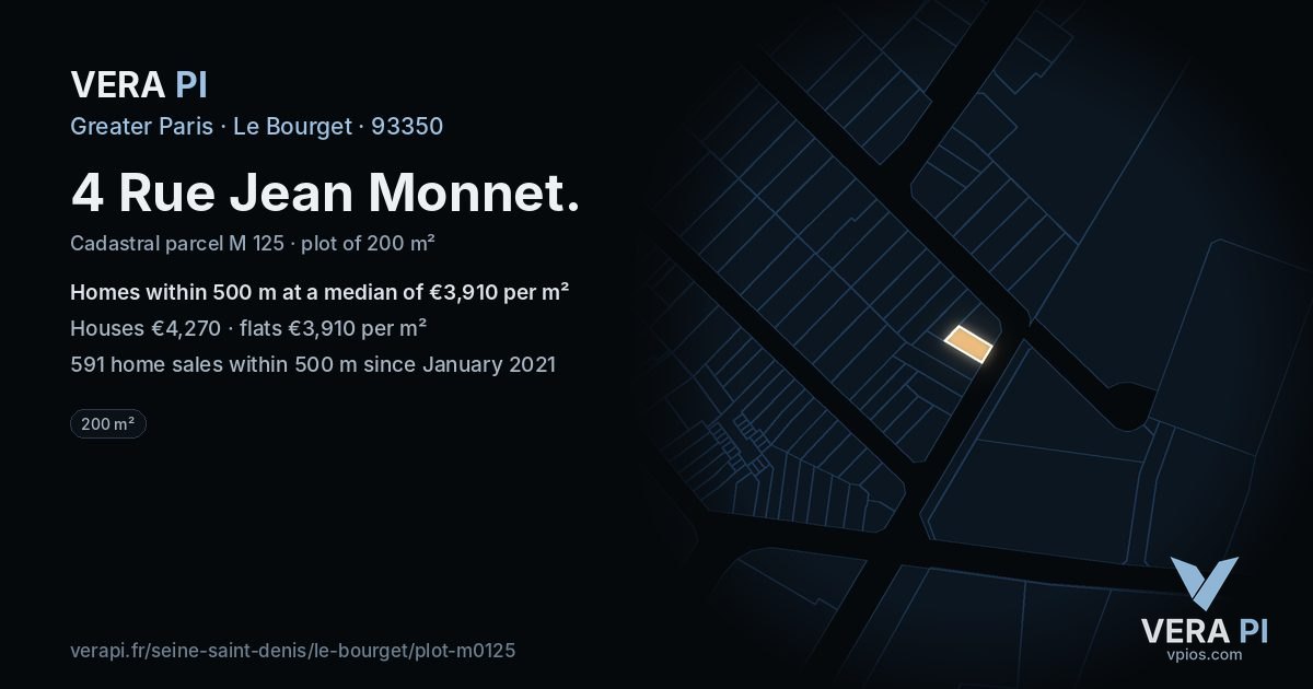 4 Rue Jean Monnet, Le Bourget at night – the plot lit, the parcels around coloured by the prices near them