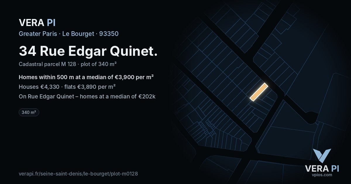 34 Rue Edgar Quinet, Le Bourget at night – the plot lit, the parcels around coloured by the prices near them
