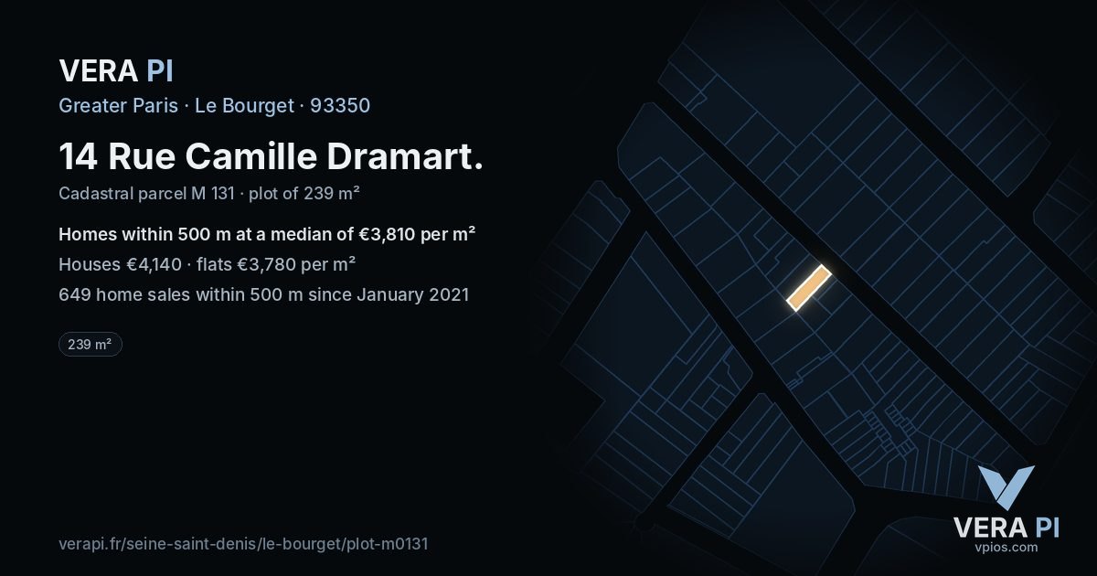 14 Rue Camille Dramart, Le Bourget at night – the plot lit, the parcels around coloured by the prices near them