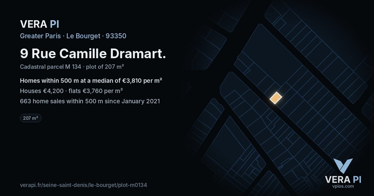 9 Rue Camille Dramart, Le Bourget at night – the plot lit, the parcels around coloured by the prices near them