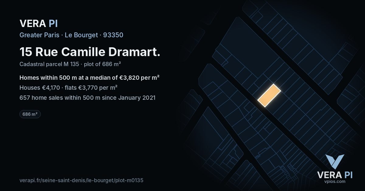 15 Rue Camille Dramart, Le Bourget at night – the plot lit, the parcels around coloured by the prices near them