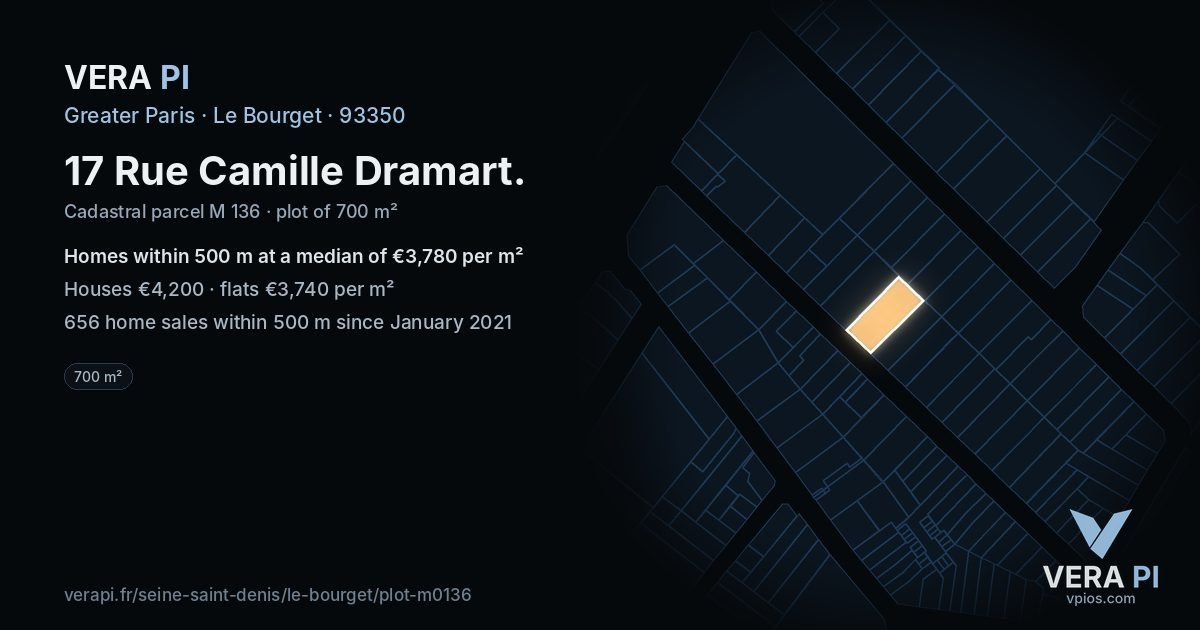 17 Rue Camille Dramart, Le Bourget at night – the plot lit, the parcels around coloured by the prices near them