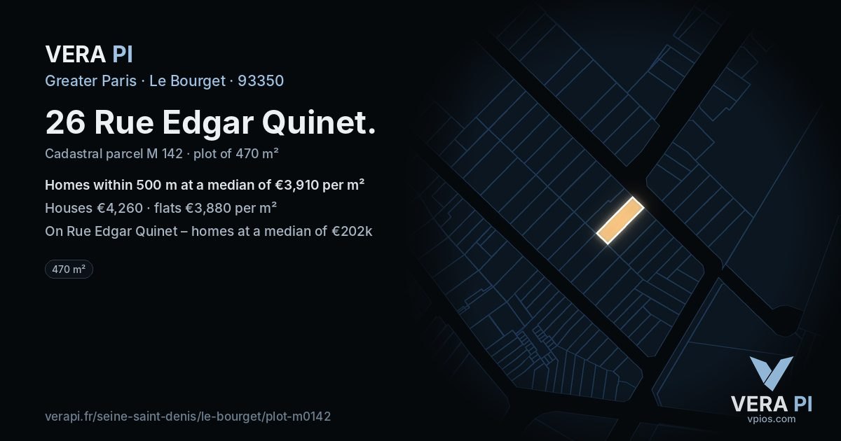 26 Rue Edgar Quinet, Le Bourget at night – the plot lit, the parcels around coloured by the prices near them