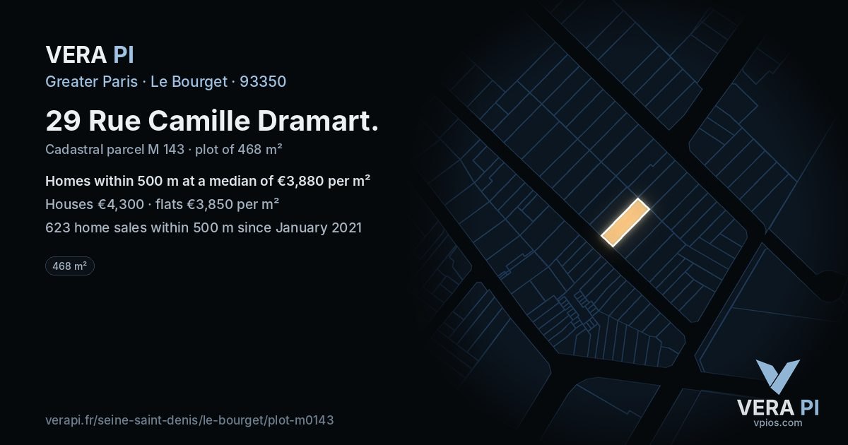 29 Rue Camille Dramart, Le Bourget at night – the plot lit, the parcels around coloured by the prices near them