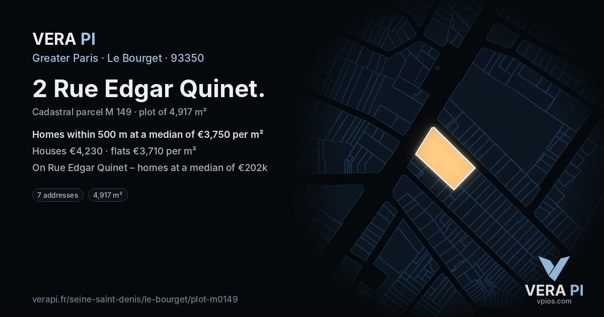 2 Rue Edgar Quinet, Le Bourget at night – the plot lit, the parcels around coloured by the prices near them