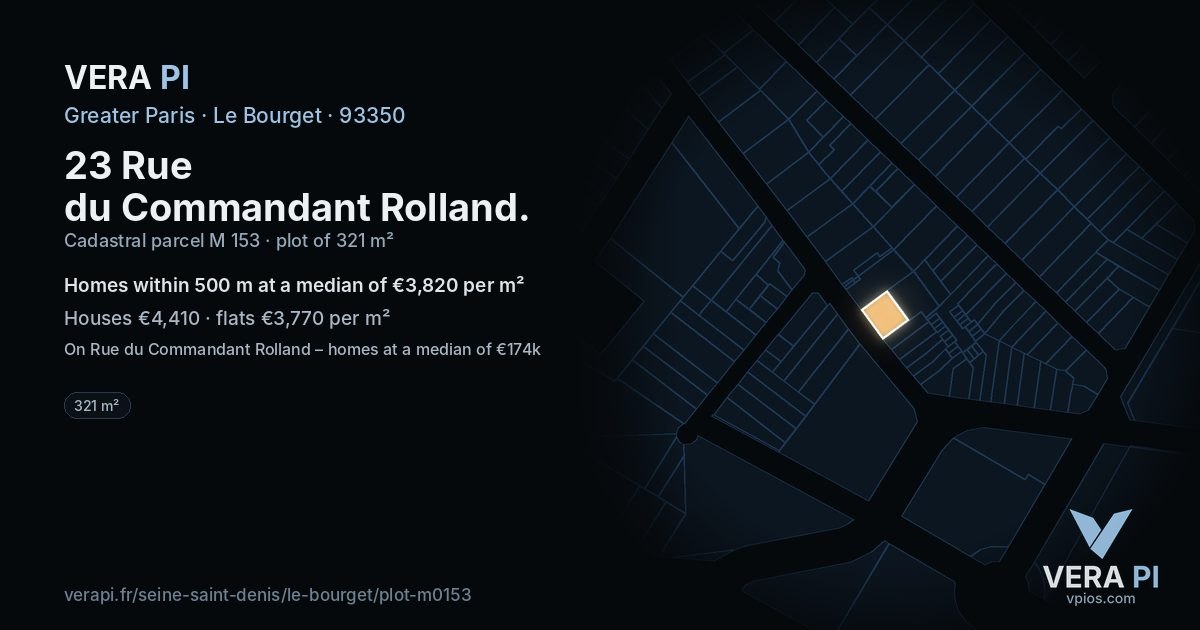 23 Rue du Commandant Rolland, Le Bourget at night – the plot lit, the parcels around coloured by the prices near them