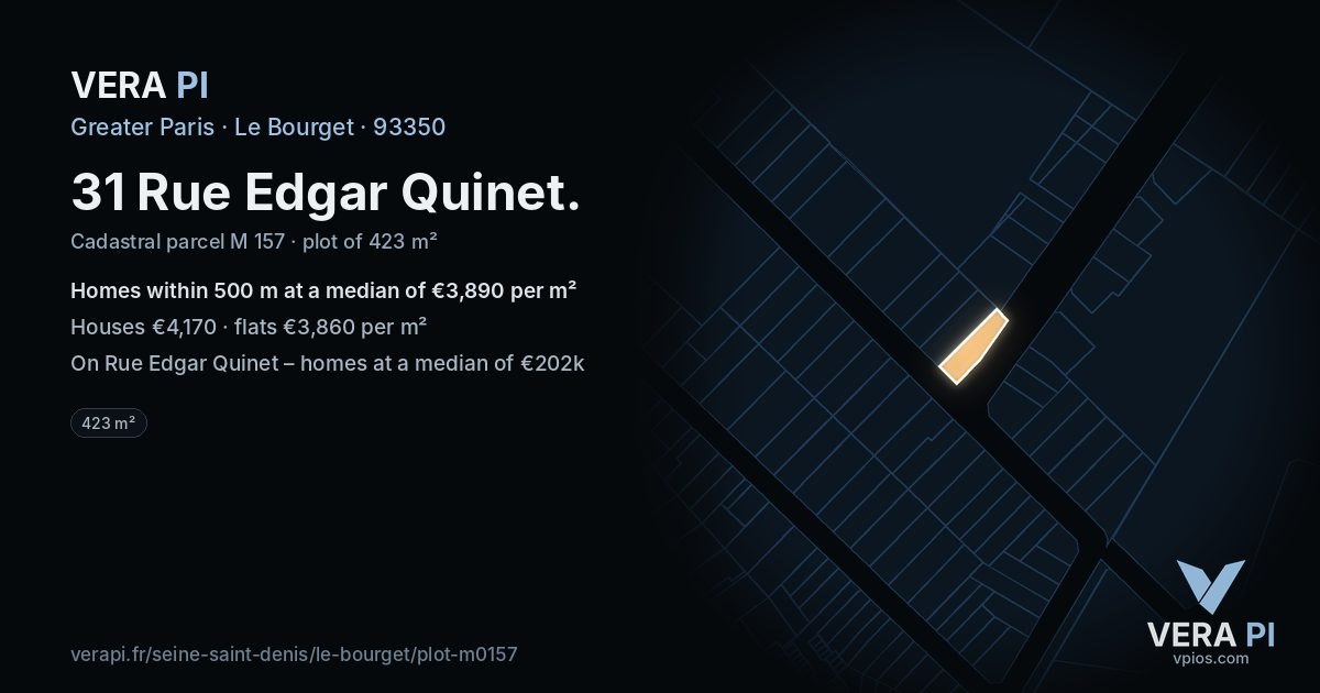 31 Rue Edgar Quinet, Le Bourget at night – the plot lit, the parcels around coloured by the prices near them