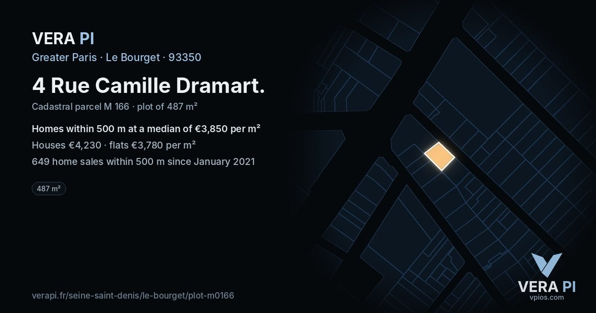 4 Rue Camille Dramart, Le Bourget at night – the plot lit, the parcels around coloured by the prices near them