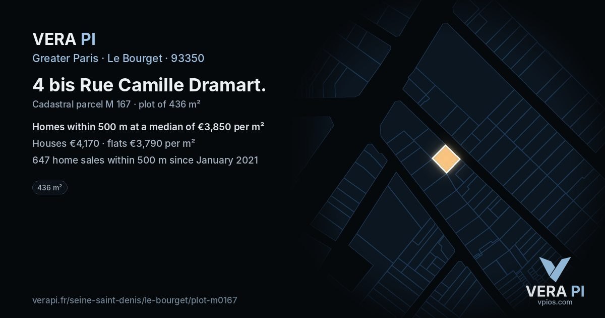 4 bis Rue Camille Dramart, Le Bourget at night – the plot lit, the parcels around coloured by the prices near them