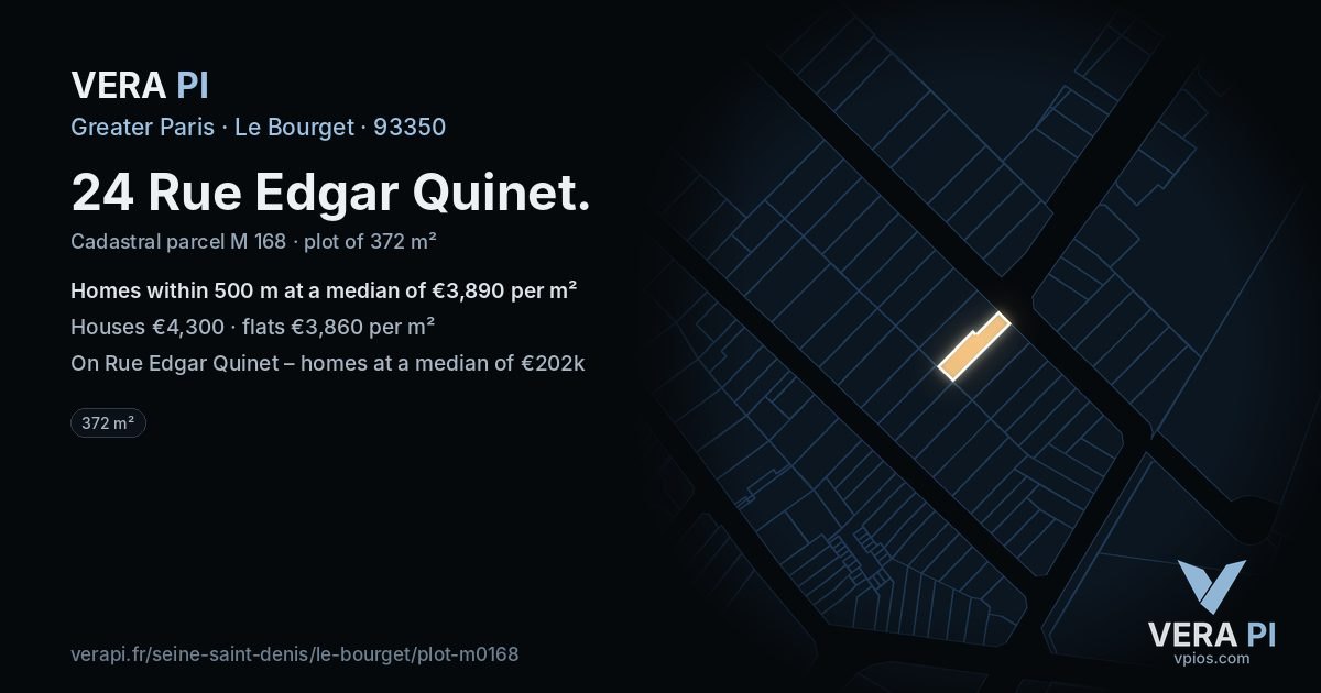 24 Rue Edgar Quinet, Le Bourget at night – the plot lit, the parcels around coloured by the prices near them