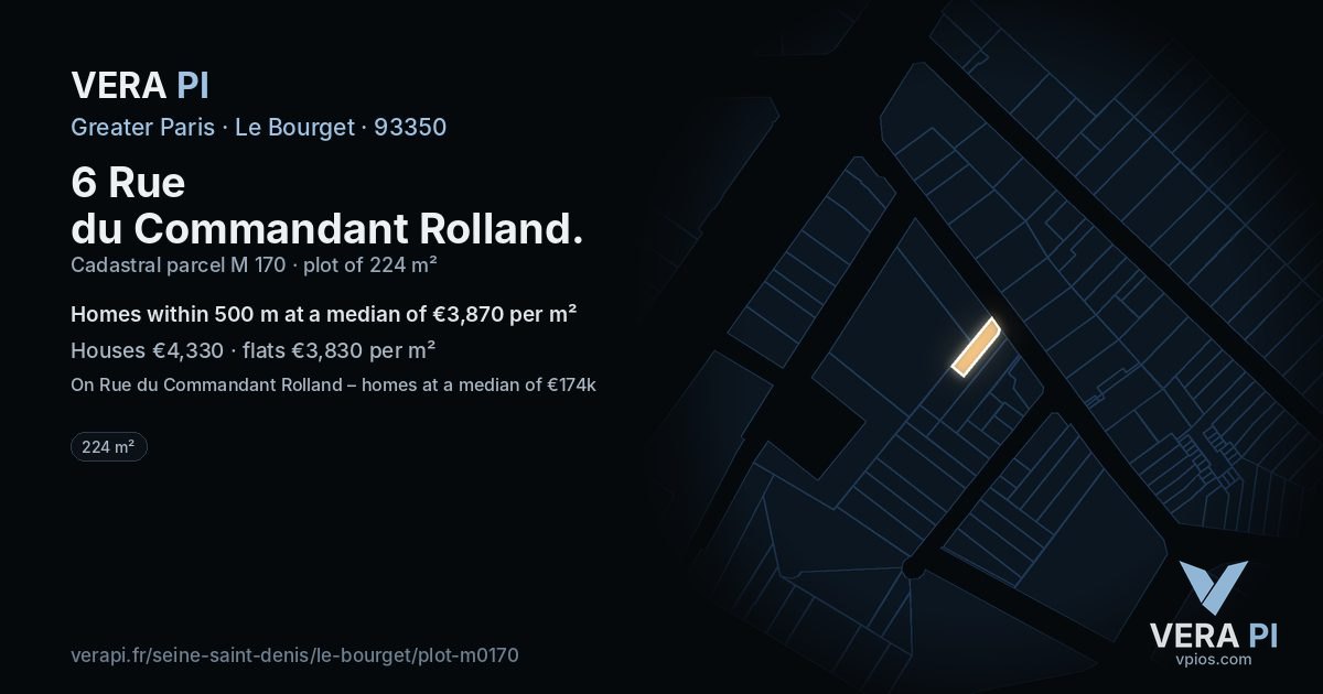 6 Rue du Commandant Rolland, Le Bourget at night – the plot lit, the parcels around coloured by the prices near them