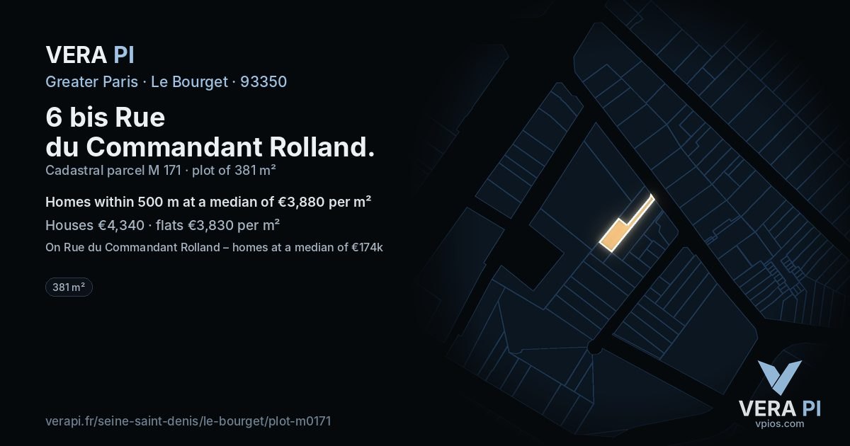 6 bis Rue du Commandant Rolland, Le Bourget at night – the plot lit, the parcels around coloured by the prices near them