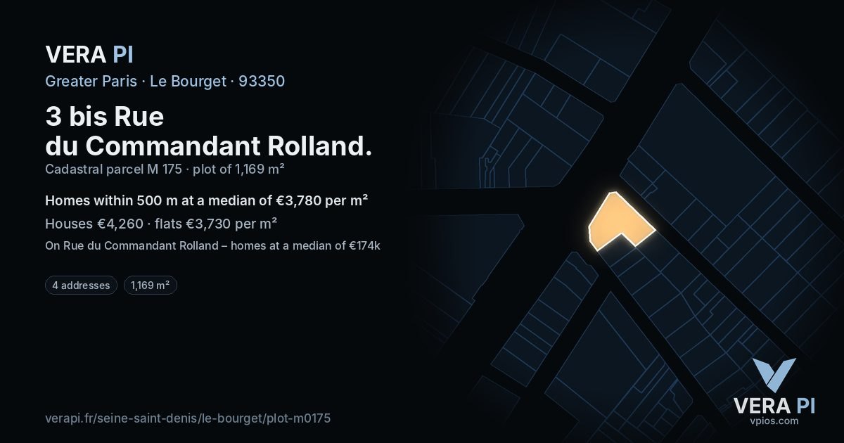 3 bis Rue du Commandant Rolland, Le Bourget at night – the plot lit, the parcels around coloured by the prices near them