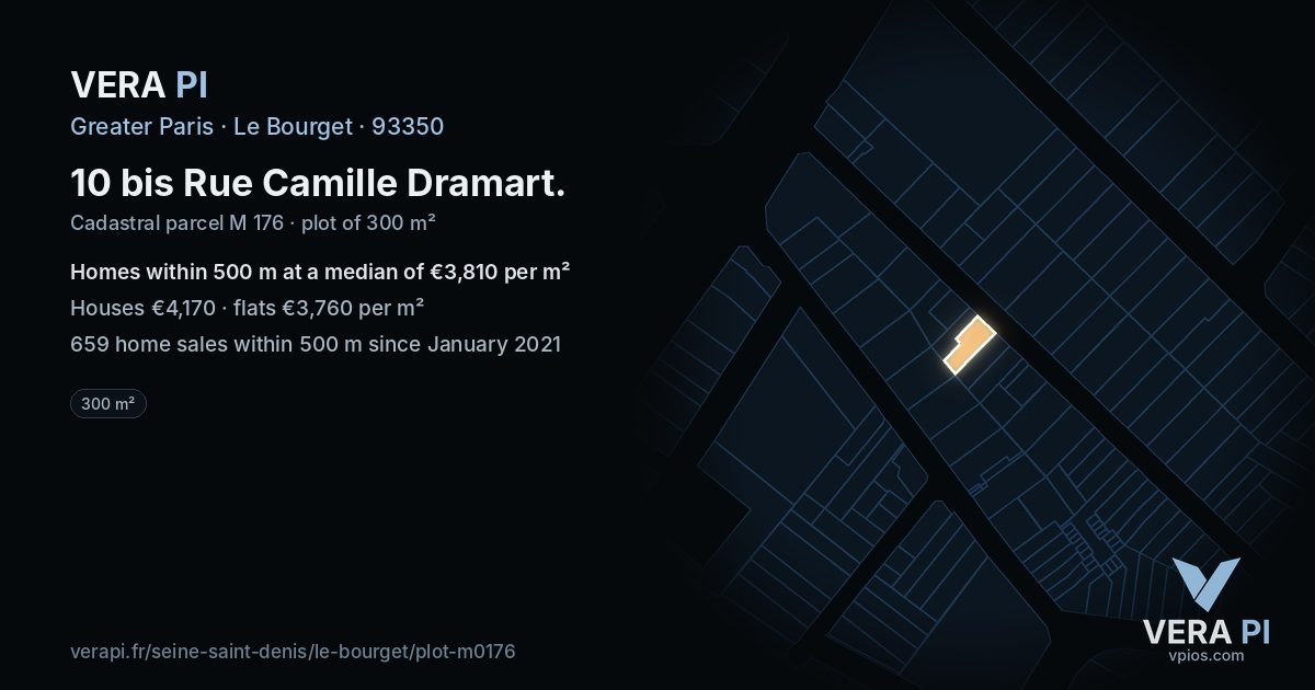10 bis Rue Camille Dramart, Le Bourget at night – the plot lit, the parcels around coloured by the prices near them
