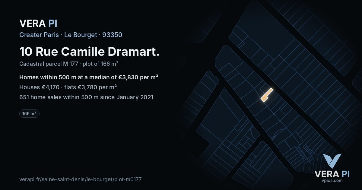 10 Rue Camille Dramart, Le Bourget at night – the plot lit, the parcels around coloured by the prices near them