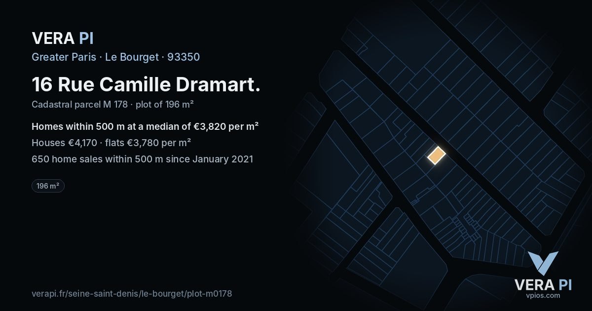16 Rue Camille Dramart, Le Bourget at night – the plot lit, the parcels around coloured by the prices near them