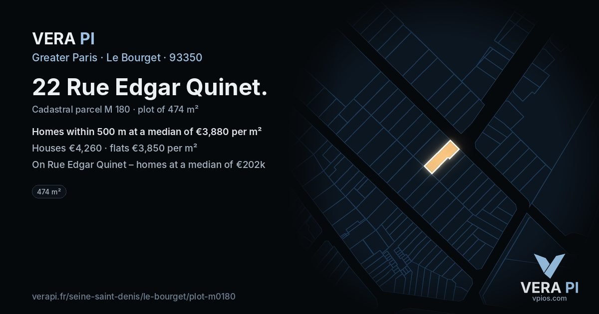 22 Rue Edgar Quinet, Le Bourget at night – the plot lit, the parcels around coloured by the prices near them