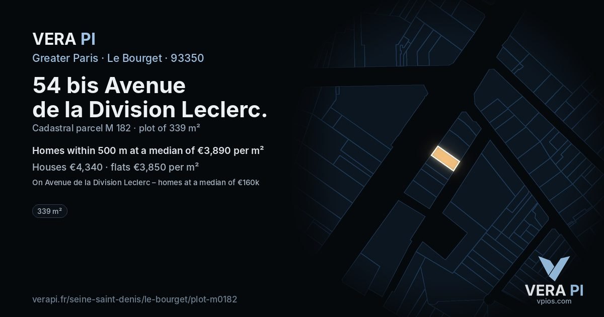 54 bis Avenue de la Division Leclerc, Le Bourget at night – the plot lit, the parcels around coloured by the prices near them
