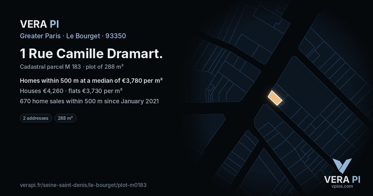 1 Rue Camille Dramart, Le Bourget at night – the plot lit, the parcels around coloured by the prices near them