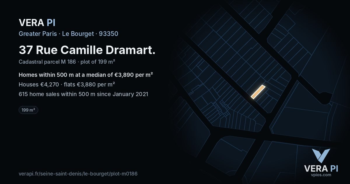 37 Rue Camille Dramart, Le Bourget at night – the plot lit, the parcels around coloured by the prices near them