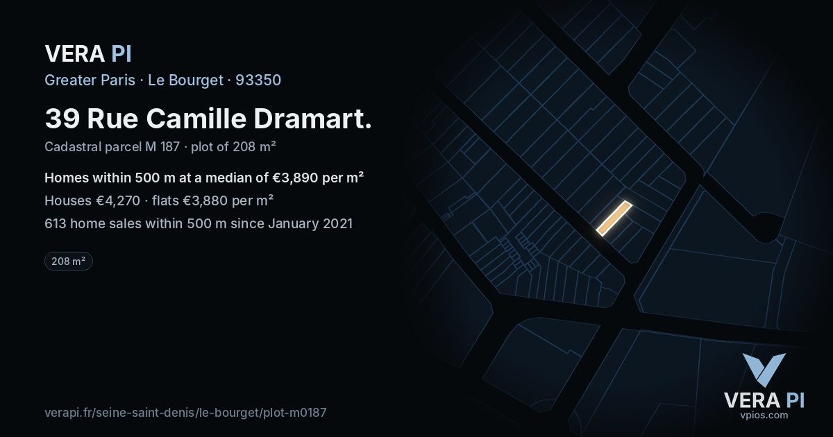 39 Rue Camille Dramart, Le Bourget at night – the plot lit, the parcels around coloured by the prices near them