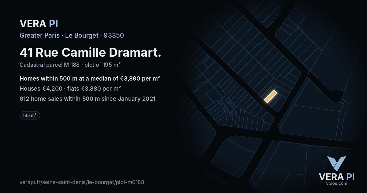 41 Rue Camille Dramart, Le Bourget at night – the plot lit, the parcels around coloured by the prices near them