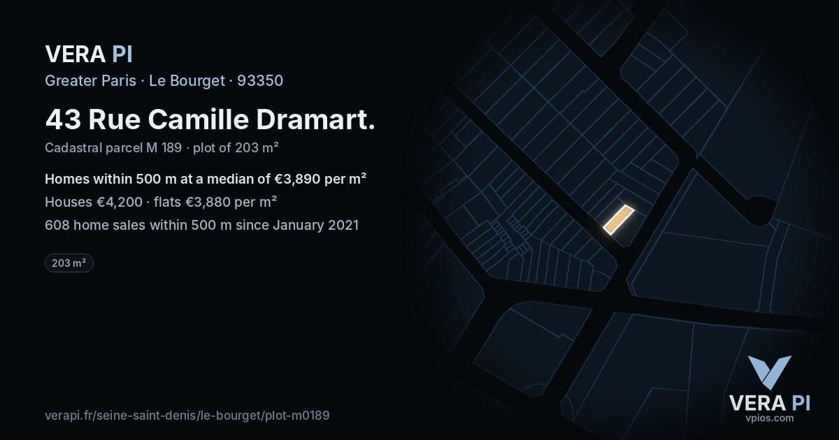 43 Rue Camille Dramart, Le Bourget at night – the plot lit, the parcels around coloured by the prices near them