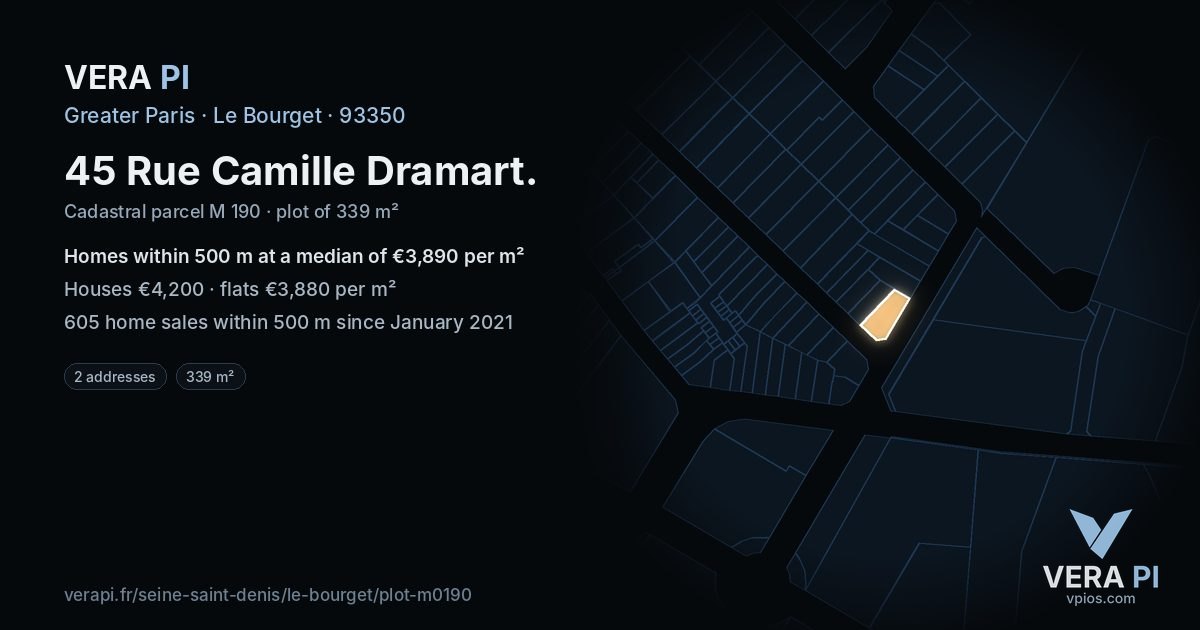45 Rue Camille Dramart, Le Bourget at night – the plot lit, the parcels around coloured by the prices near them