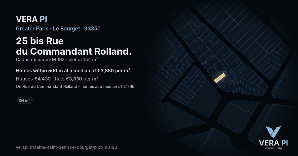 25 bis Rue du Commandant Rolland, Le Bourget at night – the plot lit, the parcels around coloured by the prices near them