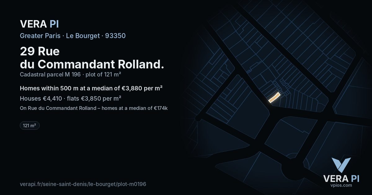 29 Rue du Commandant Rolland, Le Bourget at night – the plot lit, the parcels around coloured by the prices near them